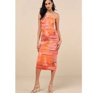 Lulus Vania Orange Abstract Mesh Ruched Strapless Midi Dress size L